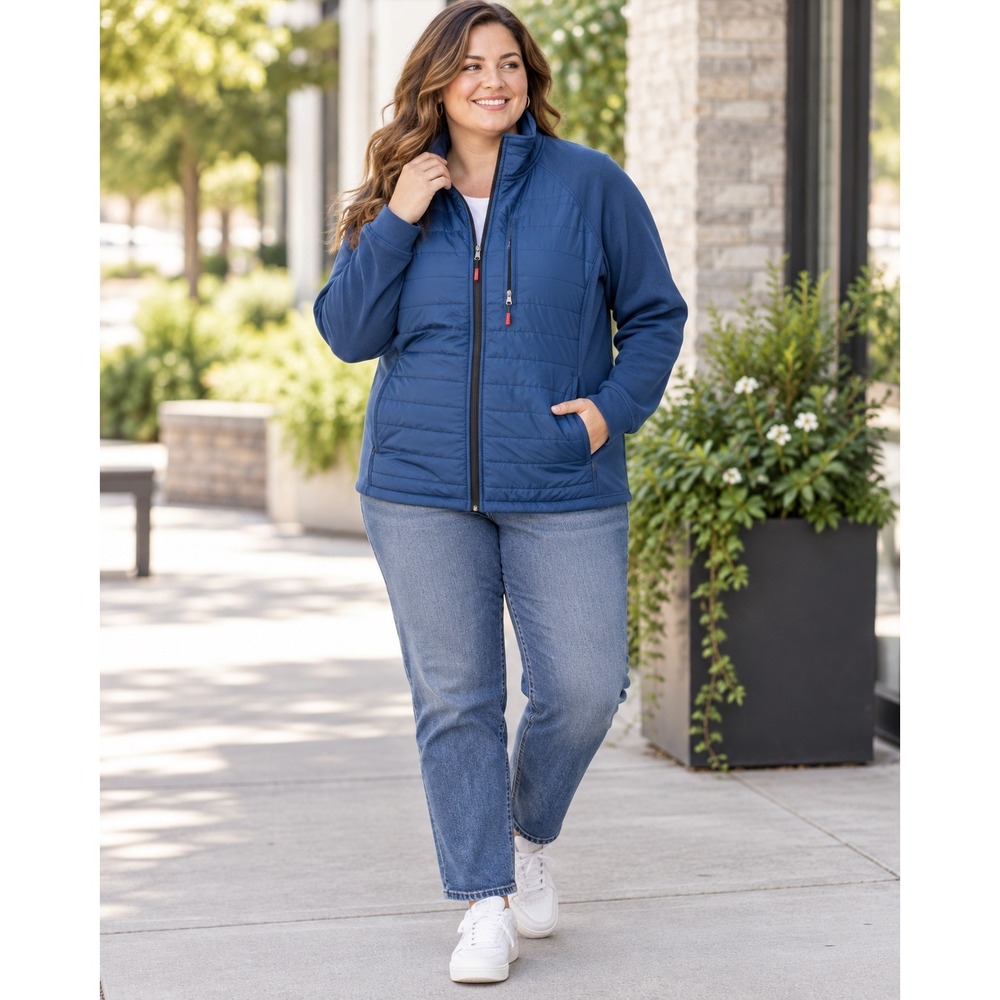 Orvis Women XXL Navy Blue Quilted Hybrid Full Zip Jacket Pockets Outdoor Layer